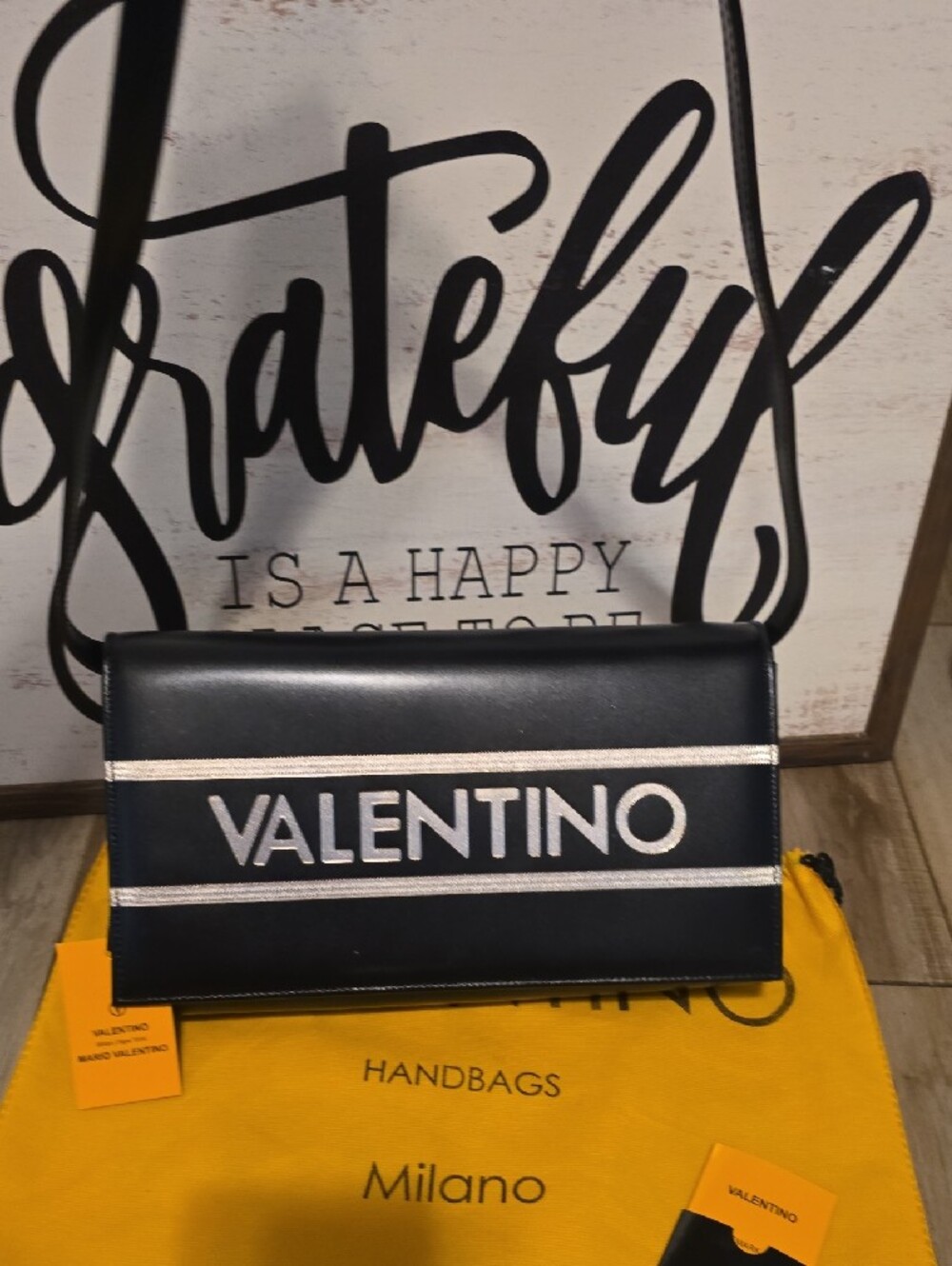 Valentino Black Leather Logo Clutch with Silver Accent - Picture 8 of 11